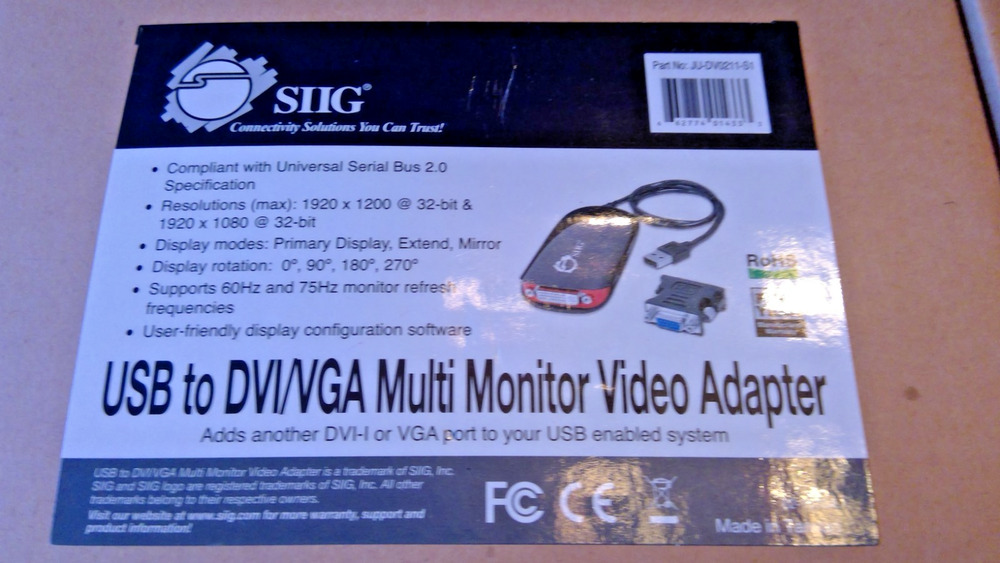 SIIG USB to DVI/VGA Multi Monitor Video Adapter JU-DV0211-S1 WITH ORIGINAL BOX